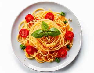 spaghetti on a plate. spaghetti tomatoes, onions isolated on white