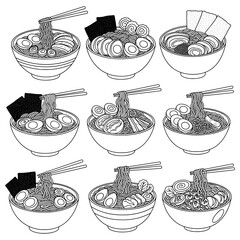 Set of nine bowl of ramen noodle soup with toppings and chopsticks