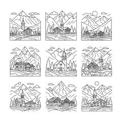 Mountain town with churches and houses in line art style