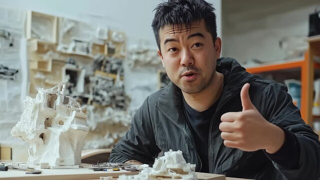 Architect Shows Architectural Model and Thumbs Up