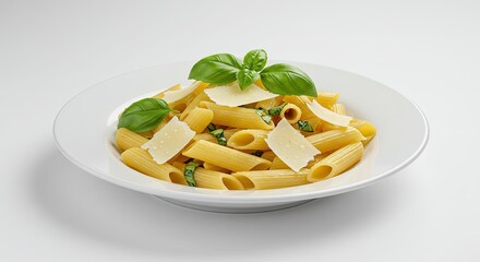 Penne Pasta with Basil and Cheese on White Plate