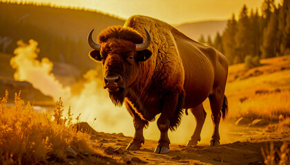 Illustration of Buffalo Amidst the Geysers in Yellowstone 133