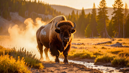 Illustration of Buffalo Amidst the Geysers in Yellowstone 132