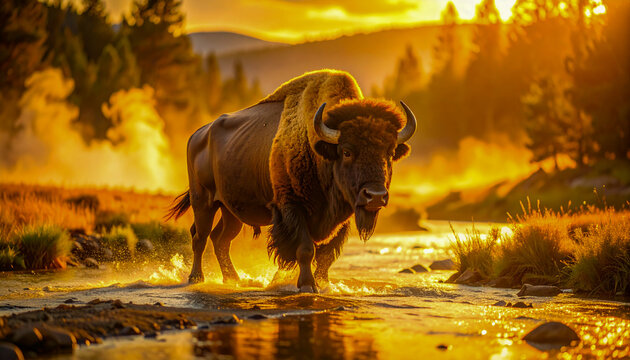 Illustration of Buffalo Amidst the Geysers in Yellowstone 130