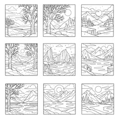 Set of night landscape line art scenes with mountains trees and rivers