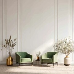 Elegant, light-filled room with green chairs
