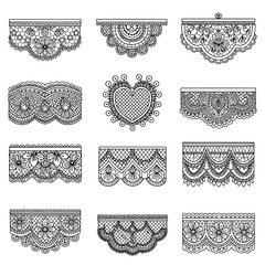 Set of lace borders with floral and heart patterns for decoration