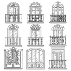 Set of detailed balcony windows with ornate railings and arched frames