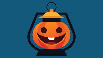 Obraz premium Cartoonish halloween pumpkin lantern with a smiling face against a teal blue backdrop