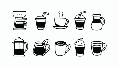 Collection of black and white hand drawn coffee icons. Includes cups, mugs, coffee makers, and cold drinks. Perfect for cafe menus, stickers, infographics, or branding elements.