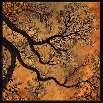 Branches and henna abstract background with intricate henna patterns superimposed on organic branch textures square detailed and isolated