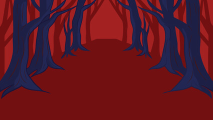 Dark forest road silhouette amidst tall trees and eerie atmosphere