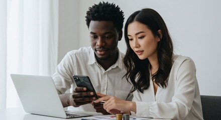 Young Man and Woman Using Smartphone Together in Bright Modern Office