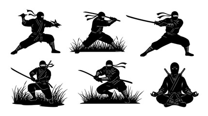 Obraz premium Six striking ninja warriors are shown in various action stances against a stark white backdrop.