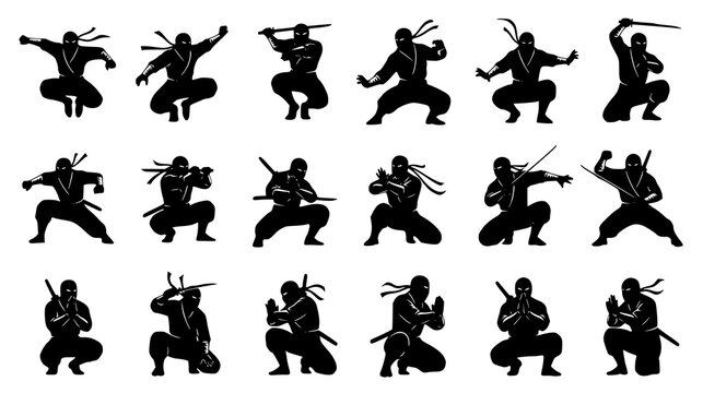 Ninjas in diverse poses display stealth and agility in black silhouettes, embodying martial arts mastery and combat prowess.
