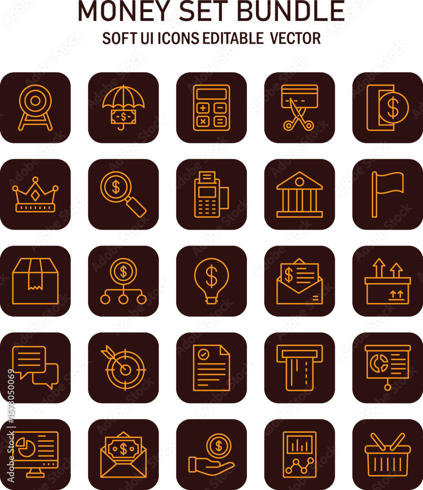 Poster comprehensive icon set showcasing banking, finance, and business concepts in soft user interface sty