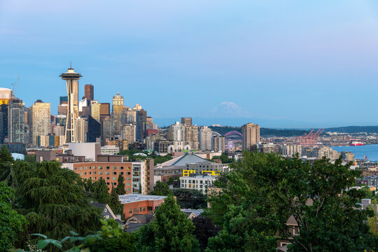 The Seattle skyline at sunset, Washington State (over the water)