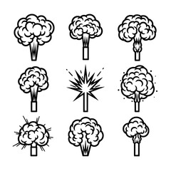 Nine different explosion illustrations with smoke and burst effects