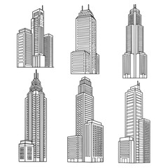 Set of outline skyscraper buildings in different heights