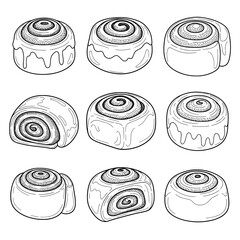 Set of nine stylized cinnamon rolls with icing and swirl details