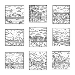 Set of nine landscape scenes with sunset and sunrise themes
