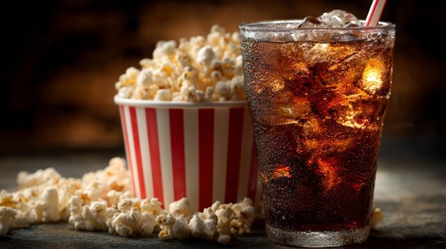 Chilled soda with ice and striped popcorn tub on rustic table