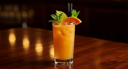 Fototapeta premium A colorful cocktail with orange slice, mint, and green apple, perfectly mixed.