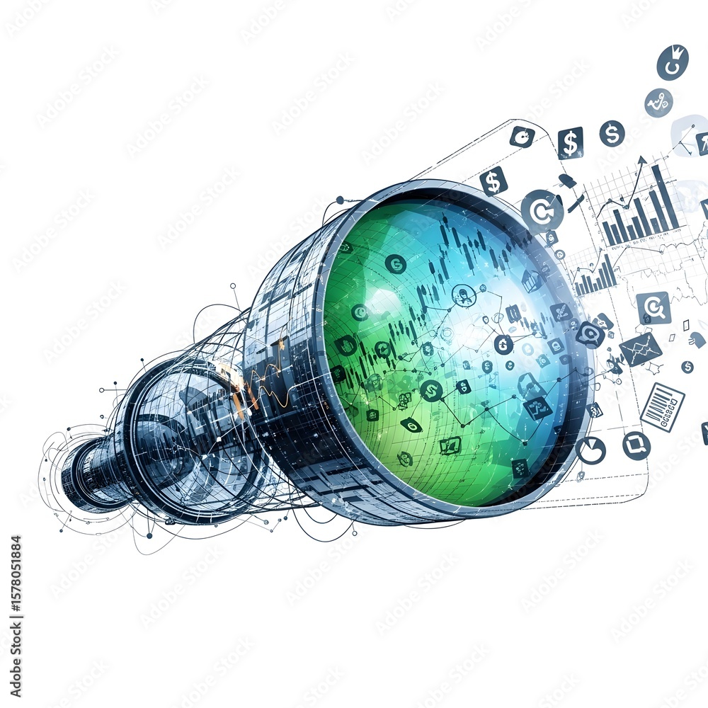Poster abstract telescope projecting financial data with currency symbols on white background