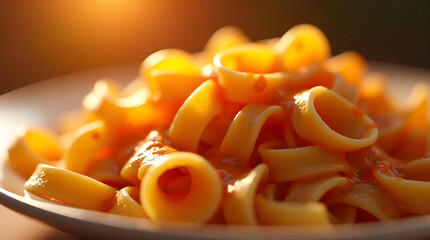 Close up shot of golden-brown cooked fettucine pasta, overflowing with savory sauce, against a blurred, warm-toned background