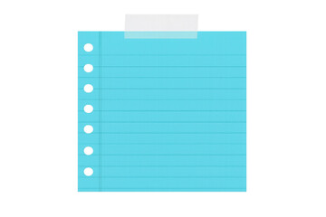 Cyan sheet of notebook paper attached with adhesive tape on transparent background, ideal for lists, notes, and reminders