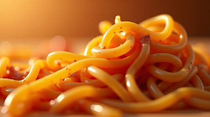 Close up shot of golden-brown cooked fettucine pasta, overflowing with savory sauce, against a blurred, warm-toned background