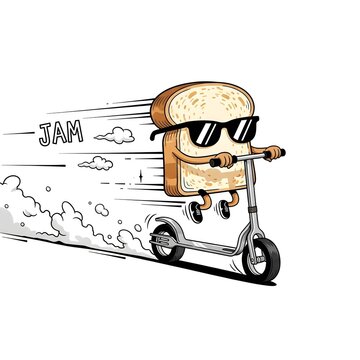 Animated Bread Slice Character With Sunglasses Rides Scooter on White Background
