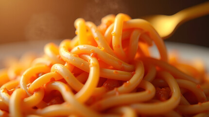 Close up shot of golden-brown cooked fettucine pasta, overflowing with savory sauce, against a blurred, warm-toned background