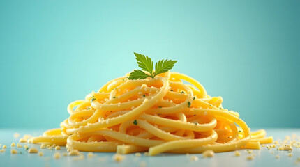 bright yellow fettucine pasta, set against a vibrant, gradient blue background with subtle, creamy undertones