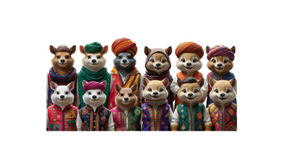An adorable group of squirrels are dressed in traditional Indian attire, showcasing vibrant colors and intricate patterns against a clean, transparent backdrop ready for use.