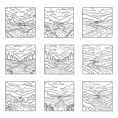 Set of scenic landscape line art patterns with mountains rivers and trees