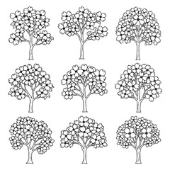 Seamless pattern of floral trees with rounded canopies for nature decor