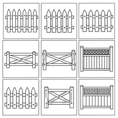Set of wooden fences with different styles for outdoor space