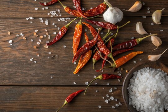 Dried red and orange chili peppers with garlic cloves and rock sea salt - Powered by Adobe