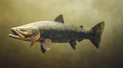 Fototapeta premium Bowfin on a minimalistic background robust body strong jaw soft lighting and shadows earthy colors evokes strength and resilience