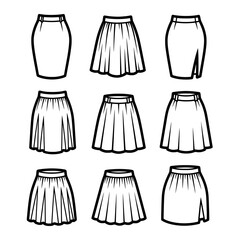 Set of nine different skirt styles in outline drawing