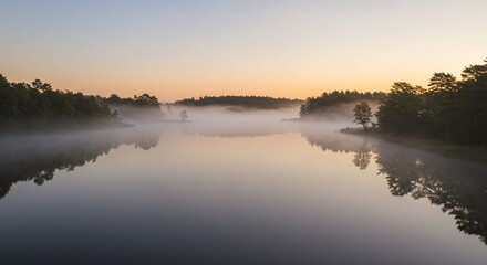 Fototapeta premium Serene Misty River Scene During Sunrise with Calm Water and Forested Banks