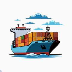Illustration of a cargo ship carrying containers on the ocean under a cloudy sky.
