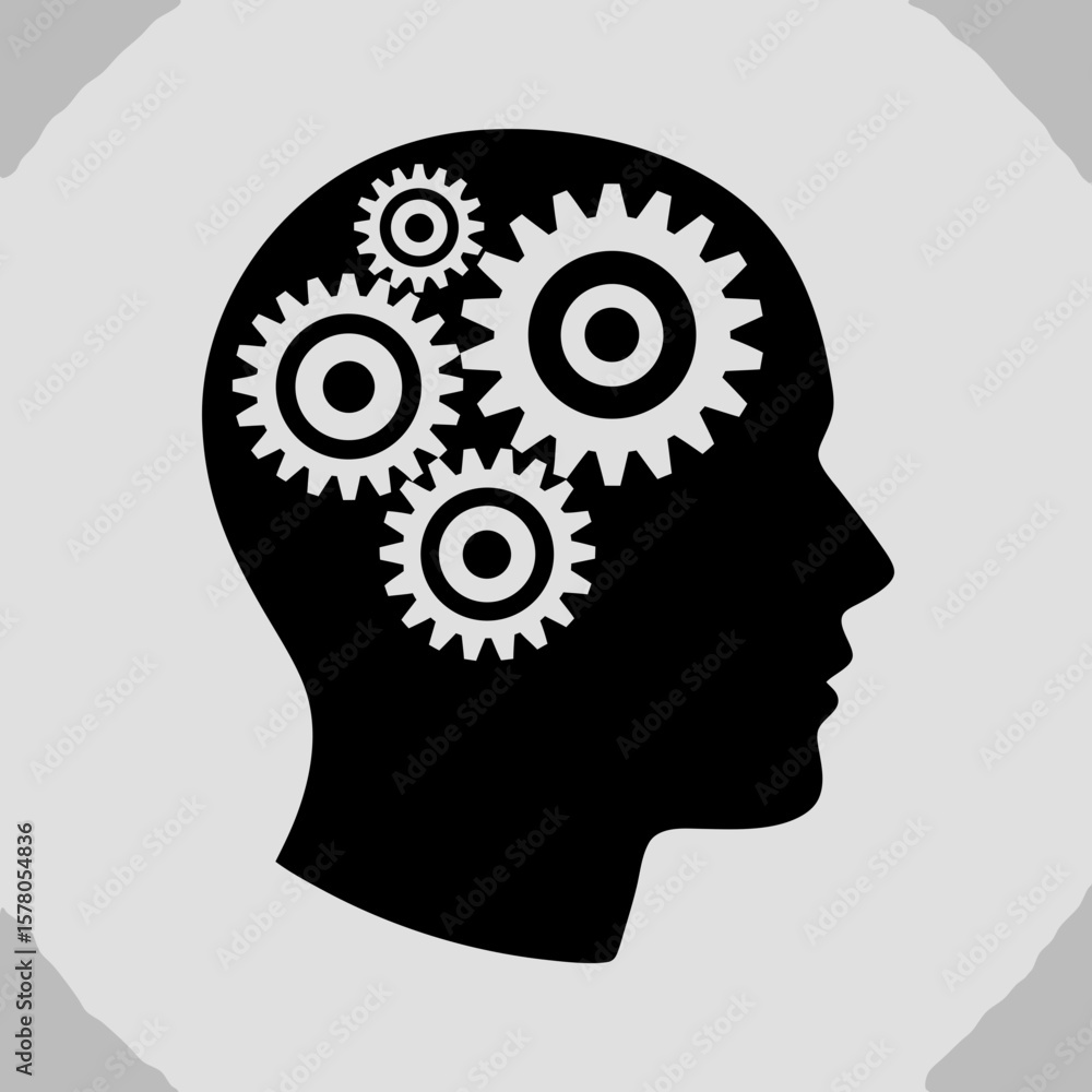 Poster silhouette of a head with gears inside, representing thought and intellect.