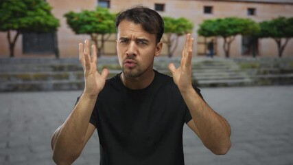 Young hispanic man gesturing passionately outdoors in front of blurred urban backdrop with trees and building creating an expressive yet frustrated look as he talks to the camera.