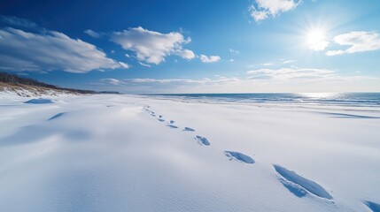 Footprints on a snow-covered beach on a sunny winter day.