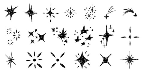 Stars big set. Chalk textured kids freehand drawing shine twinkle. Crayon hand drawn child scribble spark. Pastel pencil childish decorative sparkling collection. Sketch vector illustration isolated