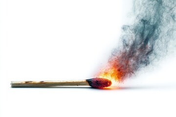 A wooden matchstick ablaze, emitting vibrant orange and yellow flames, with dark grey smoke billowing upwards against a stark white background