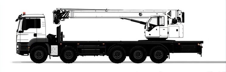 A side profile of a large white and black truck-mounted crane, showcasing its long boom and multiple axles