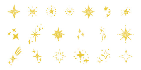 Stars big set. Chalk textured kids freehand drawing shine twinkle. Crayon hand drawn child scribble spark. Pastel pencil childish decorative sparkling collection. Sketch vector illustration isolated